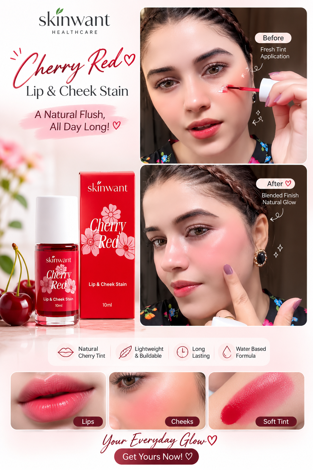 Skinwant cherry Red Lip & Cheek Stain | Tint (10ml) 🍒
